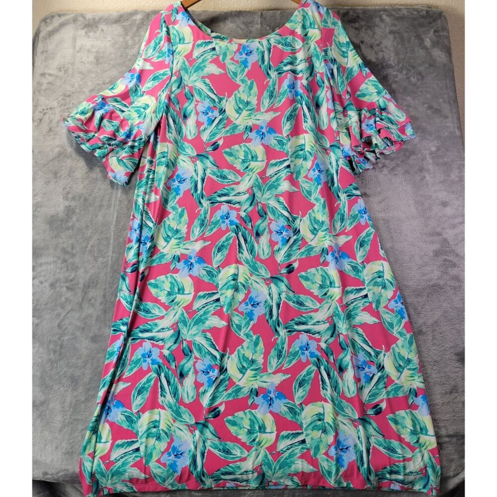 Pappagallo Womens 1X Pink Green Floral Dress Tropical Vacation Resortwear Vibe‎
